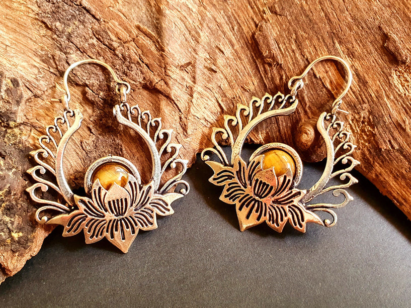 Silver Lotus Flower Tiger Eye Earrings rustic, yoga, hippie, gypsy, pretty, psy, boho, bohemian, festival