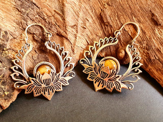 Silver Lotus Flower Tiger Eye Earrings rustic, yoga, hippie, gypsy, pretty, psy, boho, bohemian, festival