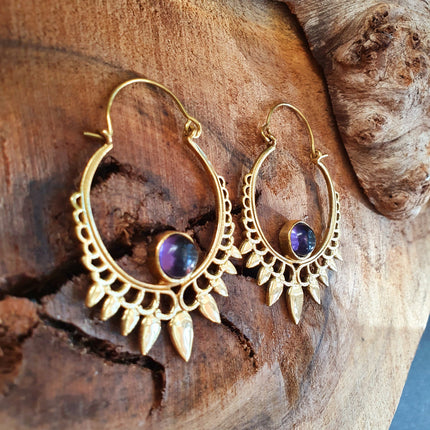 Amethyst & Brass Spiky Hoop Earrings Ethnic, rustic, yoga, hippie, gypsy, pretty, psy, boho, bohemian, festival