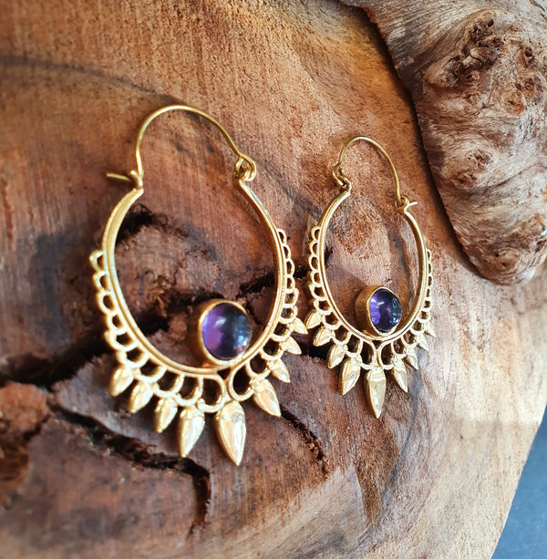 Amethyst & Brass Spiky Hoop Earrings Ethnic, rustic, yoga, hippie, gypsy, pretty, psy, boho, bohemian, festival