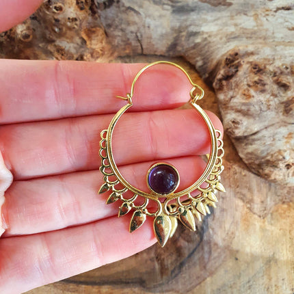 Amethyst & Brass Spiky Hoop Earrings Ethnic, rustic, yoga, hippie, gypsy, pretty, psy, boho, bohemian, festival
