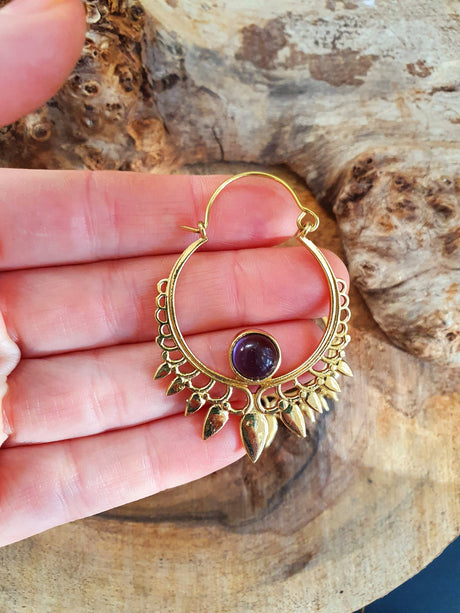 Amethyst & Brass Spiky Hoop Earrings Ethnic, rustic, yoga, hippie, gypsy, pretty, psy, boho, bohemian, festival