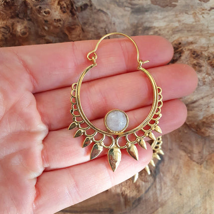 Moonstone & Brass Spiky Hoop Earrings Ethnic, rustic, yoga, hippie, gypsy, pretty, psy, boho, bohemian, festival