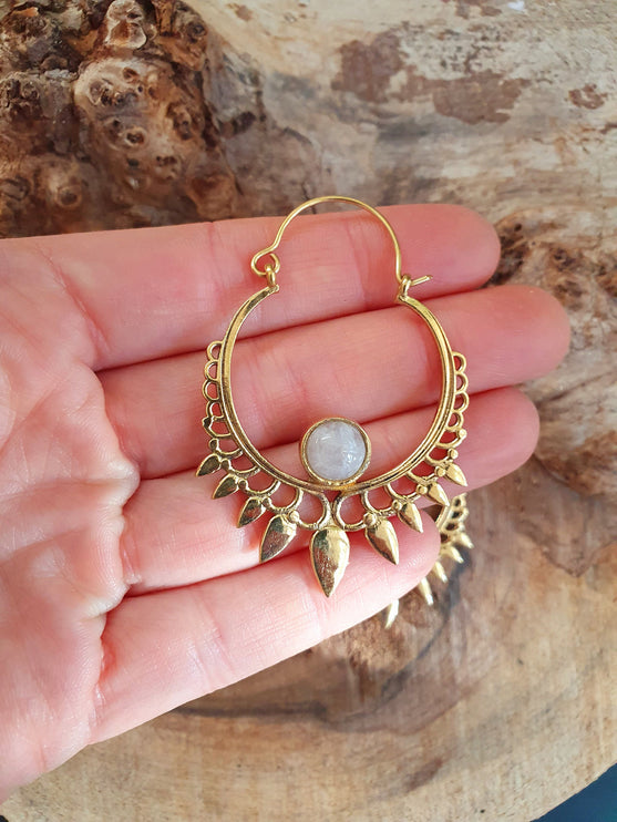 Moonstone & Brass Spiky Hoop Earrings Ethnic, rustic, yoga, hippie, gypsy, pretty, psy, boho, bohemian, festival