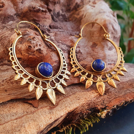 Lapis Lazuli & Brass Spiky Hoop Earrings Ethnic, rustic, yoga, hippie, gypsy, pretty, psy, boho, bohemian, festival