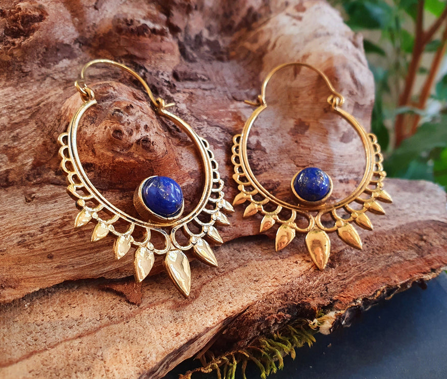 Lapis Lazuli & Brass Spiky Hoop Earrings Ethnic, rustic, yoga, hippie, gypsy, pretty, psy, boho, bohemian, festival