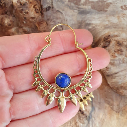 Lapis Lazuli & Brass Spiky Hoop Earrings Ethnic, rustic, yoga, hippie, gypsy, pretty, psy, boho, bohemian, festival