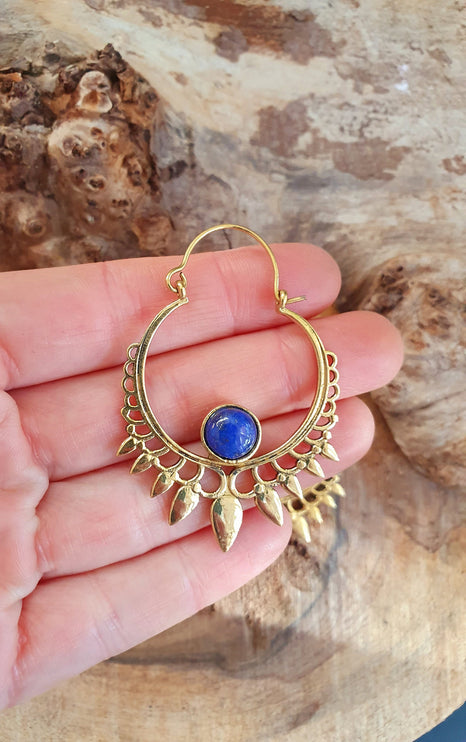 Lapis Lazuli & Brass Spiky Hoop Earrings Ethnic, rustic, yoga, hippie, gypsy, pretty, psy, boho, bohemian, festival