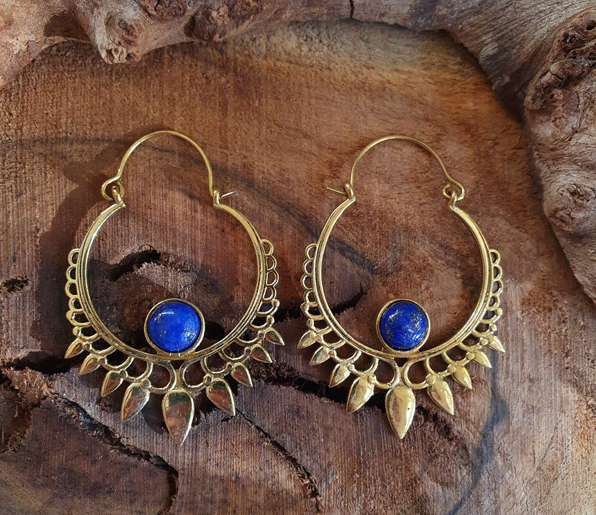 Lapis Lazuli & Brass Spiky Hoop Earrings Ethnic, rustic, yoga, hippie, gypsy, pretty, psy, boho, bohemian, festival