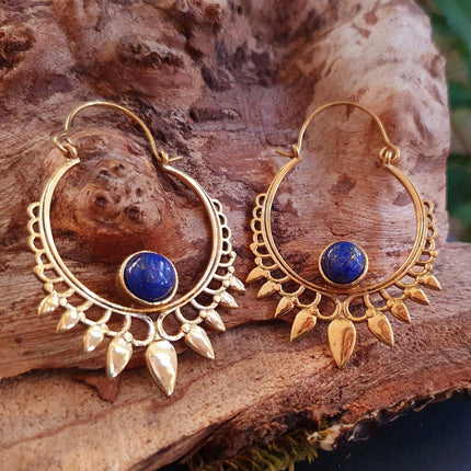 Lapis Lazuli & Brass Spiky Hoop Earrings Ethnic, rustic, yoga, hippie, gypsy, pretty, psy, boho, bohemian, festival