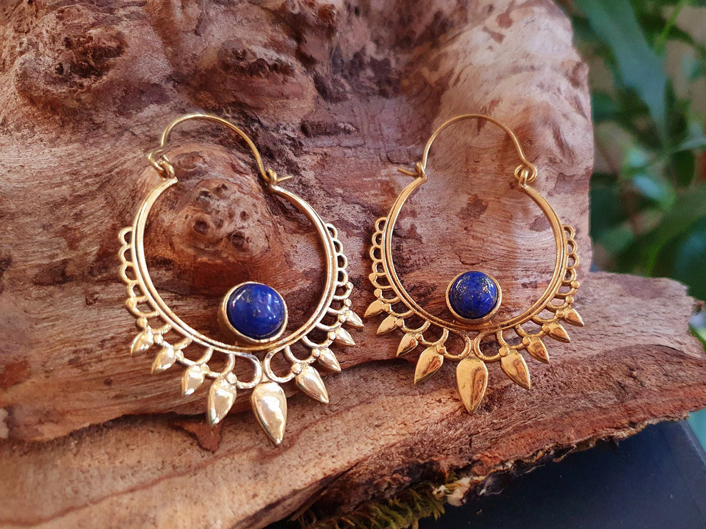 Lapis Lazuli & Brass Spiky Hoop Earrings Ethnic, rustic, yoga, hippie, gypsy, pretty, psy, boho, bohemian, festival