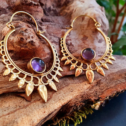 Amethyst & Brass Spiky Hoop Earrings Ethnic, rustic, yoga, hippie, gypsy, pretty, psy, boho, bohemian, festival