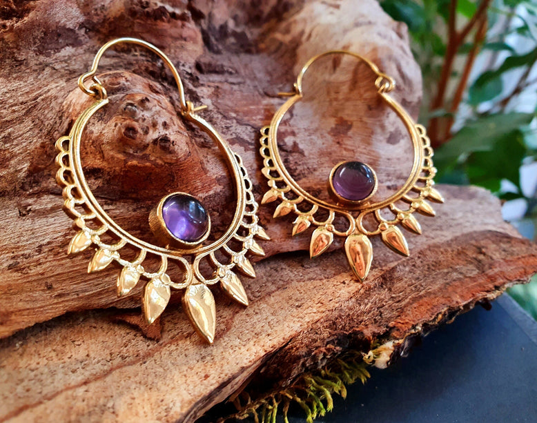 Amethyst & Brass Spiky Hoop Earrings Ethnic, rustic, yoga, hippie, gypsy, pretty, psy, boho, bohemian, festival