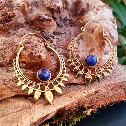 Lapis Lazuli & Brass Spiky Hoop Earrings Ethnic, rustic, yoga, hippie, gypsy, pretty, psy, boho, bohemian, festival