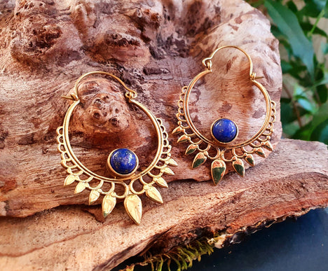 Lapis Lazuli & Brass Spiky Hoop Earrings Ethnic, rustic, yoga, hippie, gypsy, pretty, psy, boho, bohemian, festival