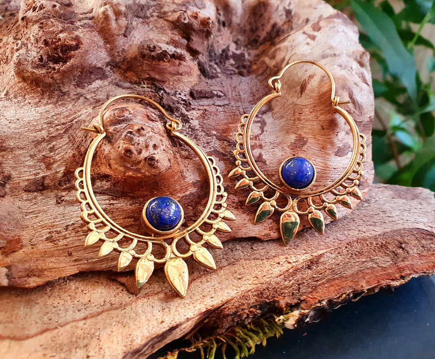 Lapis Lazuli & Brass Spiky Hoop Earrings Ethnic, rustic, yoga, hippie, gypsy, pretty, psy, boho, bohemian, festival