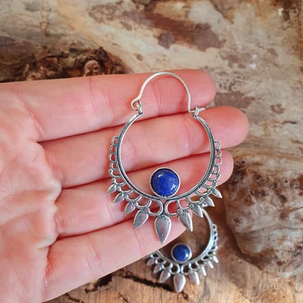 Lapis Lazuli Silver Spiky Hoop Earrings Ethnic, rustic, yoga, hippie, gypsy, pretty, psy, boho, bohemian, festival