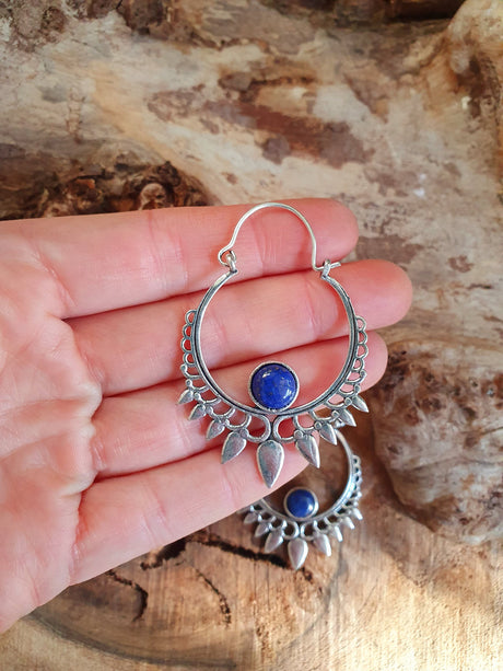 Lapis Lazuli Silver Spiky Hoop Earrings Ethnic, rustic, yoga, hippie, gypsy, pretty, psy, boho, bohemian, festival
