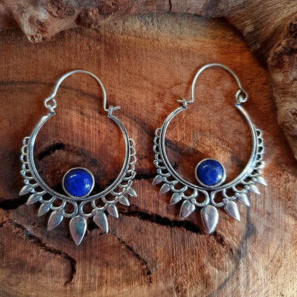 Lapis Lazuli Silver Spiky Hoop Earrings Ethnic, rustic, yoga, hippie, gypsy, pretty, psy, boho, bohemian, festival