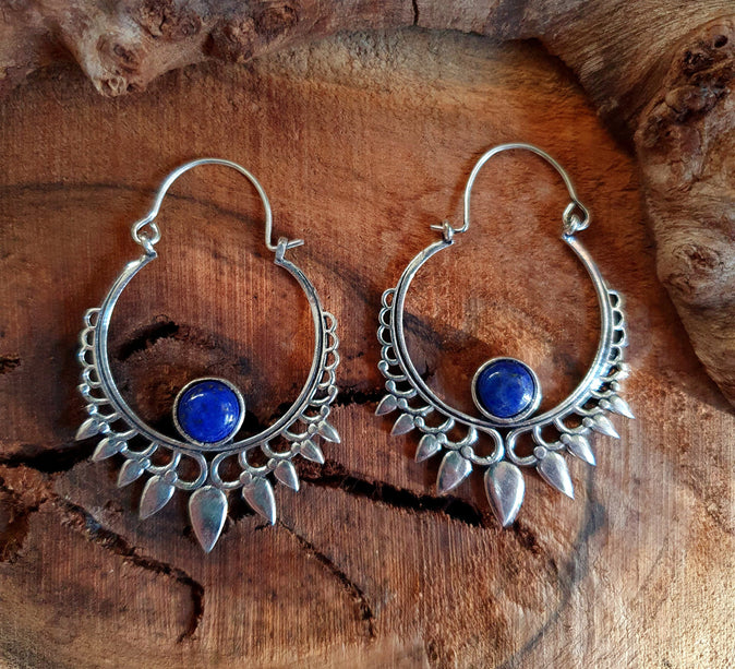 Lapis Lazuli Silver Spiky Hoop Earrings Ethnic, rustic, yoga, hippie, gypsy, pretty, psy, boho, bohemian, festival