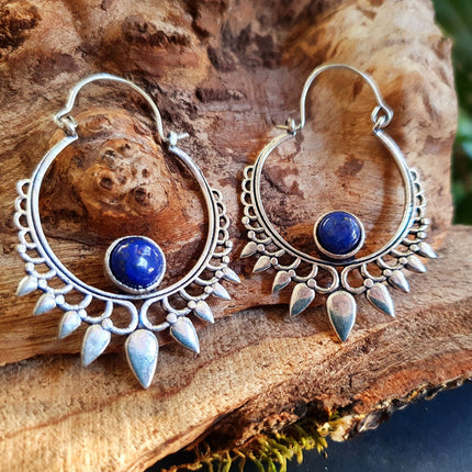 Lapis Lazuli Silver Spiky Hoop Earrings Ethnic, rustic, yoga, hippie, gypsy, pretty, psy, boho, bohemian, festival