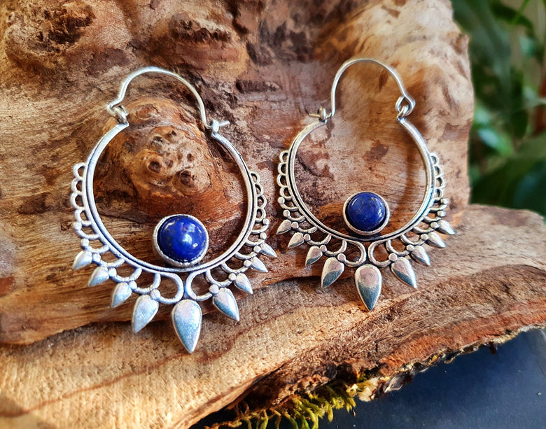 Lapis Lazuli Silver Spiky Hoop Earrings Ethnic, rustic, yoga, hippie, gypsy, pretty, psy, boho, bohemian, festival