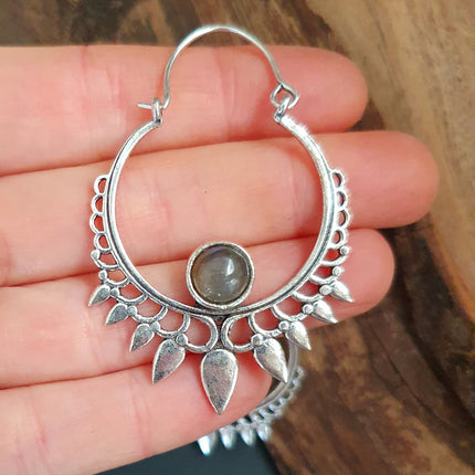 Labradorite Silver Spiky Hoop Earrings Ethnic, rustic, yoga, hippie, gypsy, pretty, psy, boho, bohemian, festival