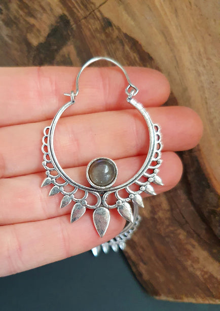 Labradorite Silver Spiky Hoop Earrings Ethnic, rustic, yoga, hippie, gypsy, pretty, psy, boho, bohemian, festival