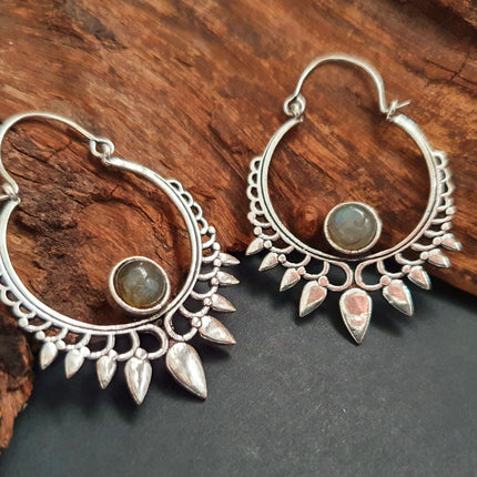 Labradorite Silver Spiky Hoop Earrings Ethnic, rustic, yoga, hippie, gypsy, pretty, psy, boho, bohemian, festival