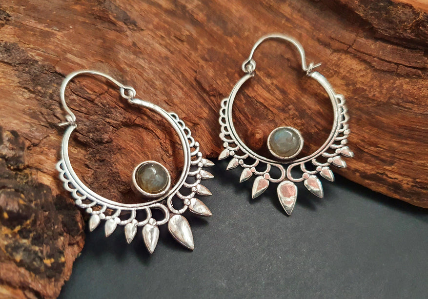 Labradorite Silver Spiky Hoop Earrings Ethnic, rustic, yoga, hippie, gypsy, pretty, psy, boho, bohemian, festival