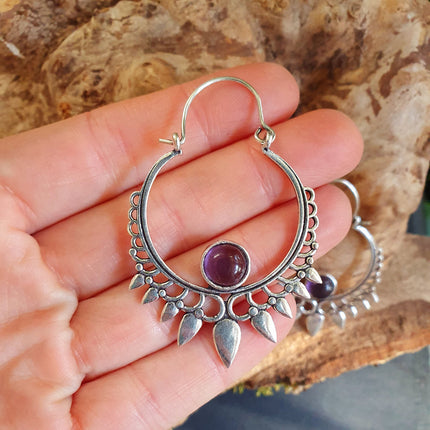 Amethyst Silver Spiky Hoop Earrings Ethnic, rustic, yoga, hippie, gypsy, pretty, psy, boho, bohemian, festival