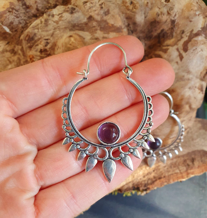 Amethyst Silver Spiky Hoop Earrings Ethnic, rustic, yoga, hippie, gypsy, pretty, psy, boho, bohemian, festival