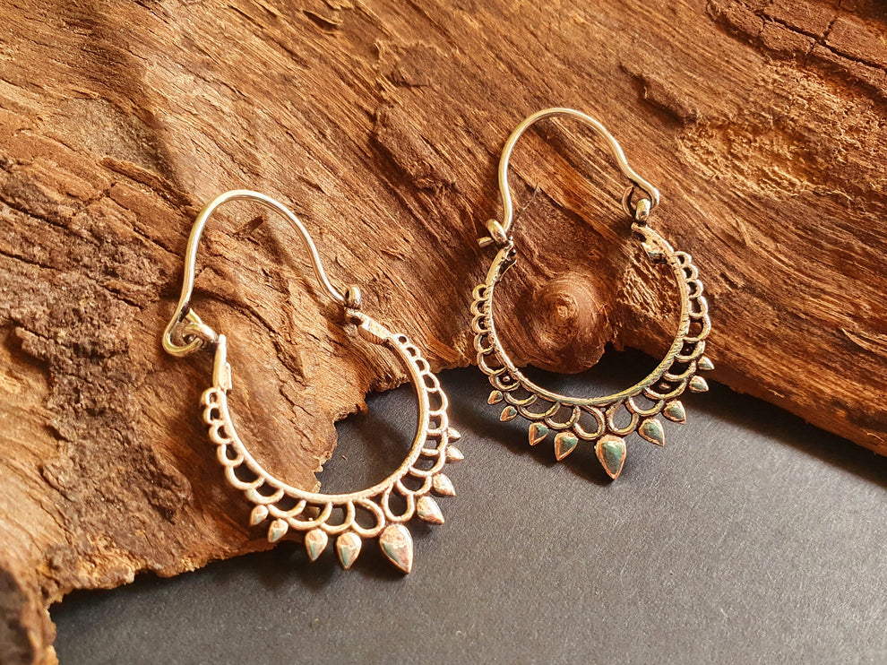 Small Boho Silver Hoop Earrings; Ethnic, Geometric, Small, Rustic, Yoga, Hippie, Gypsy, Pretty, Ssy, Boho, Bohemian, Festival