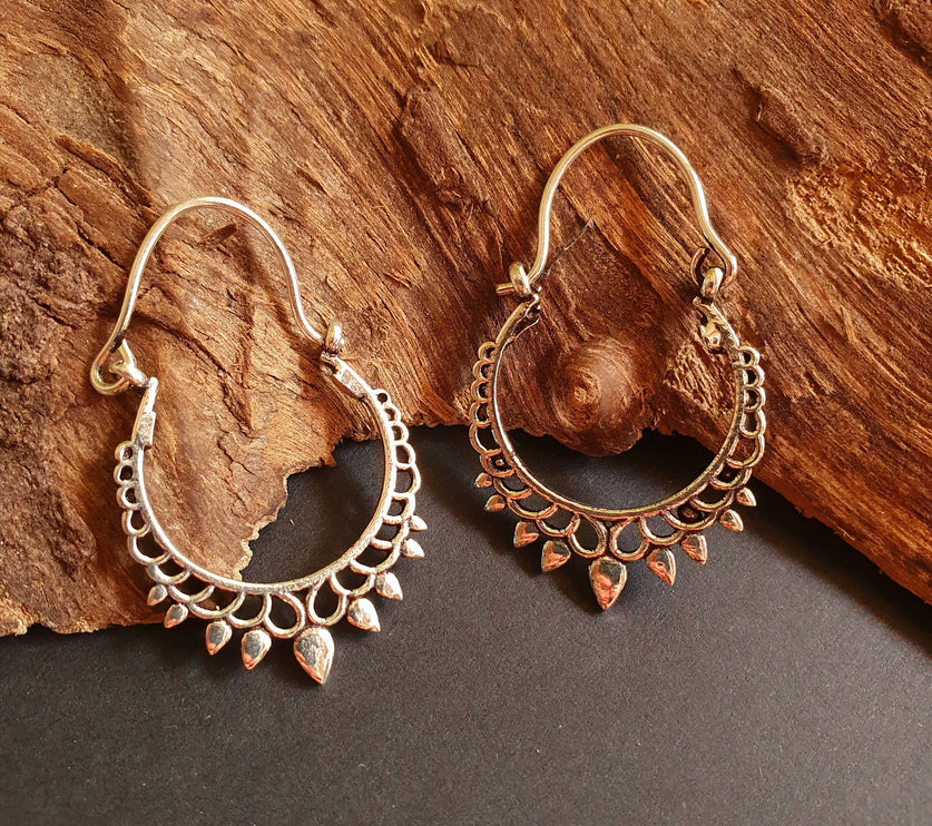 Small Boho Silver Hoop Earrings; Ethnic, Geometric, Small, Rustic, Yoga, Hippie, Gypsy, Pretty, Ssy, Boho, Bohemian, Festival