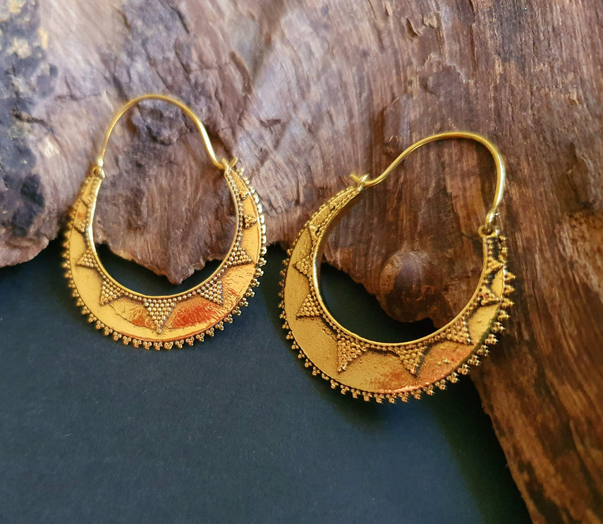 Golden Afghani Hoop Earrings; Ethnic, Geometric, Small, Rustic, Yoga, Hippie, Gypsy, Pretty, Ssy, Boho, Bohemian, Festival