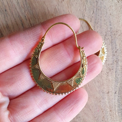 Golden Afghani Hoop Earrings; Ethnic, Geometric, Small, Rustic, Yoga, Hippie, Gypsy, Pretty, Ssy, Boho, Bohemian, Festival