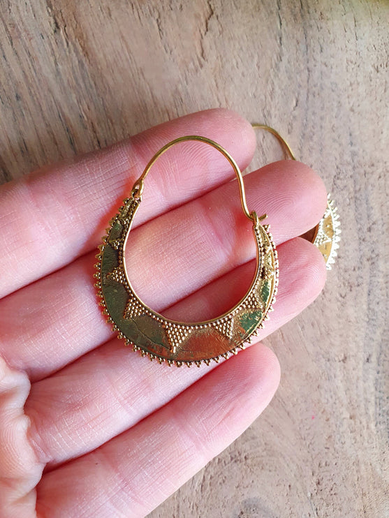 Golden Afghani Hoop Earrings; Ethnic, Geometric, Small, Rustic, Yoga, Hippie, Gypsy, Pretty, Ssy, Boho, Bohemian, Festival