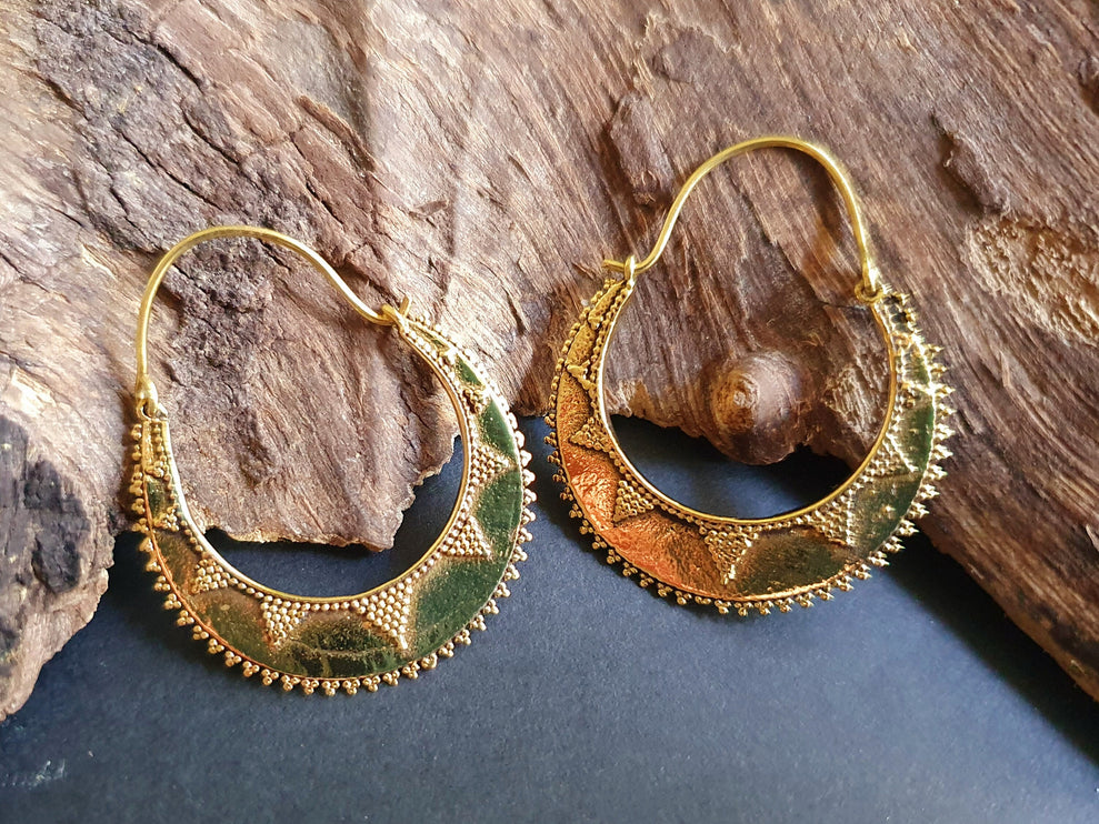 Golden Afghani Hoop Earrings; Ethnic, Geometric, Small, Rustic, Yoga, Hippie, Gypsy, Pretty, Ssy, Boho, Bohemian, Festival