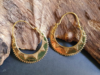 Golden Afghani Hoop Earrings; Ethnic, Geometric, Small, Rustic, Yoga, Hippie, Gypsy, Pretty, Ssy, Boho, Bohemian, Festival