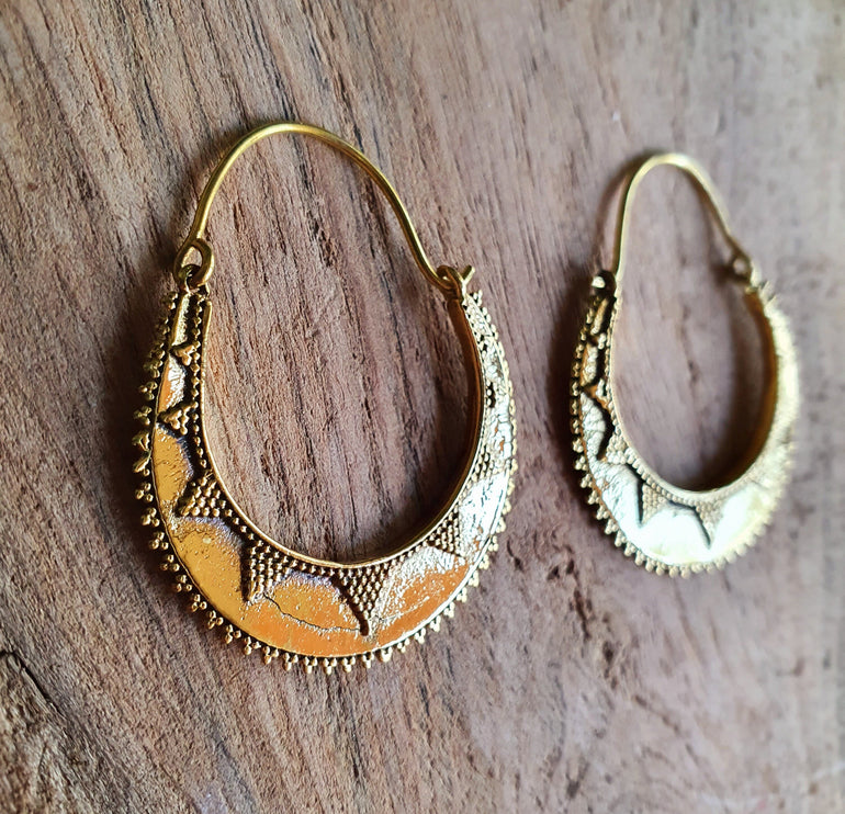 Golden Afghani Hoop Earrings; Ethnic, Geometric, Small, Rustic, Yoga, Hippie, Gypsy, Pretty, Ssy, Boho, Bohemian, Festival