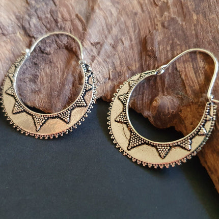 Silver Afghani Hoop Earrings; Ethnic, Geometric, Small, Rustic, Yoga, Hippie, Gypsy, Pretty, Ssy, Boho, Bohemian, Festival