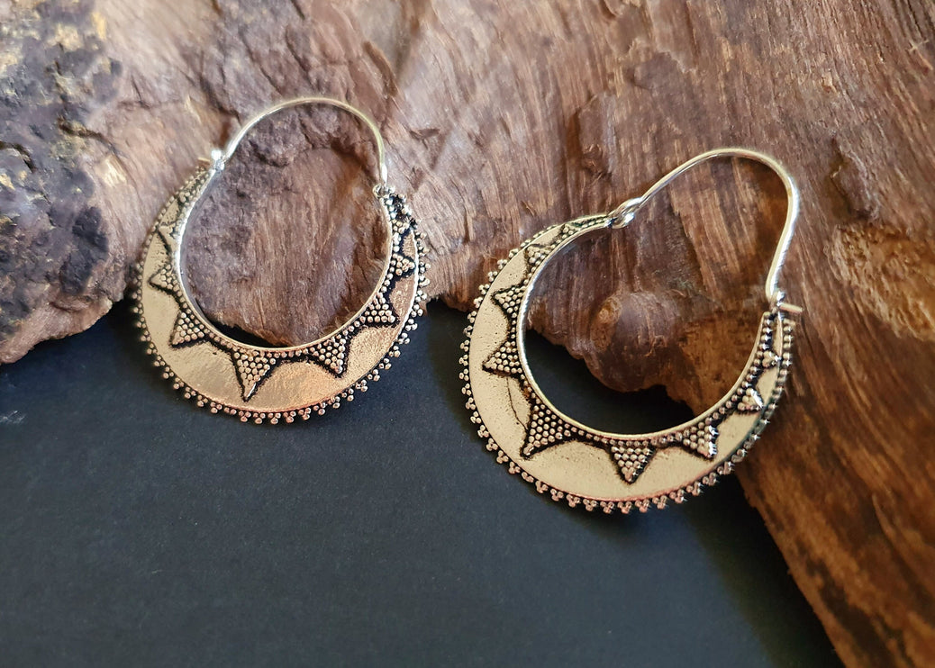 Silver Afghani Hoop Earrings; Ethnic, Geometric, Small, Rustic, Yoga, Hippie, Gypsy, Pretty, Ssy, Boho, Bohemian, Festival