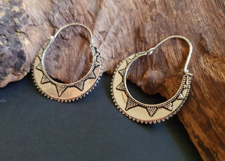 Silver Afghani Hoop Earrings; Ethnic, Geometric, Small, Rustic, Yoga, Hippie, Gypsy, Pretty, Ssy, Boho, Bohemian, Festival