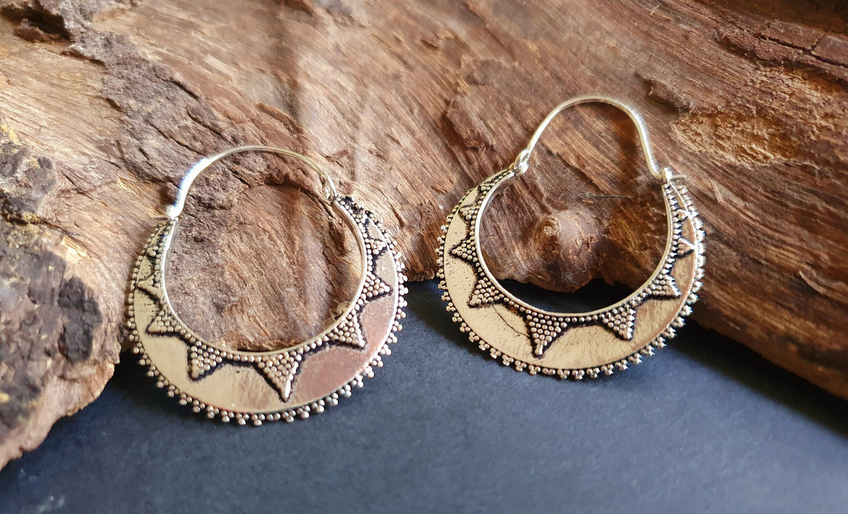 Silver Afghani Hoop Earrings; Ethnic, Geometric, Small, Rustic, Yoga, Hippie, Gypsy, Pretty, Ssy, Boho, Bohemian, Festival