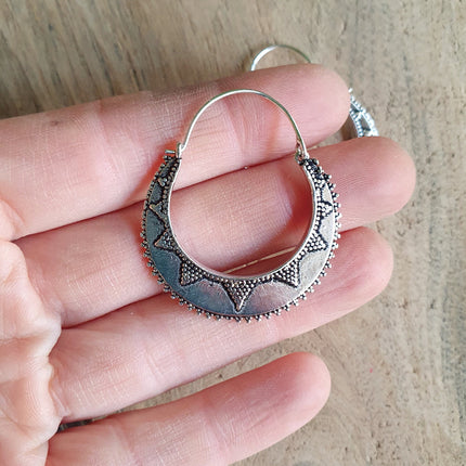 Silver Afghani Hoop Earrings; Ethnic, Geometric, Small, Rustic, Yoga, Hippie, Gypsy, Pretty, Ssy, Boho, Bohemian, Festival