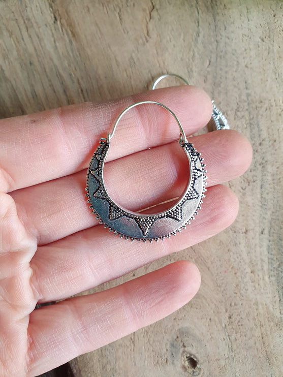 Silver Afghani Hoop Earrings; Ethnic, Geometric, Small, Rustic, Yoga, Hippie, Gypsy, Pretty, Ssy, Boho, Bohemian, Festival