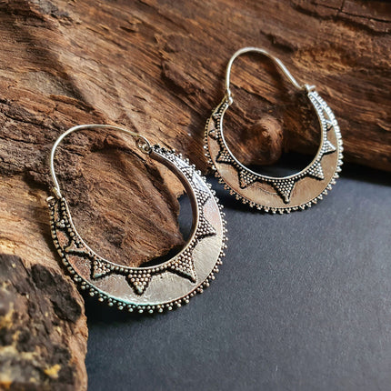 Silver Afghani Hoop Earrings; Ethnic, Geometric, Small, Rustic, Yoga, Hippie, Gypsy, Pretty, Ssy, Boho, Bohemian, Festival