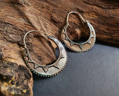 Silver Afghani Hoop Earrings; Ethnic, Geometric, Small, Rustic, Yoga, Hippie, Gypsy, Pretty, Ssy, Boho, Bohemian, Festival