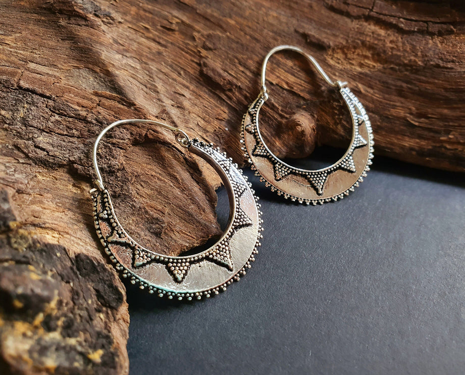 Silver Afghani Hoop Earrings; Ethnic, Geometric, Small, Rustic, Yoga, Hippie, Gypsy, Pretty, Ssy, Boho, Bohemian, Festival