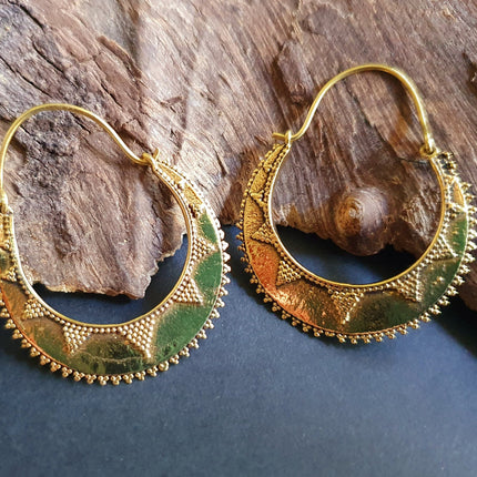 Golden Afghani Hoop Earrings; Ethnic, Geometric, Small, Rustic, Yoga, Hippie, Gypsy, Pretty, Ssy, Boho, Bohemian, Festival